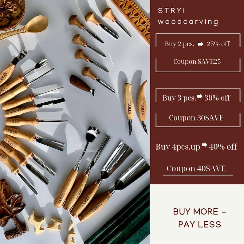 May include: An assortment of wood carving tools with wooden handles and metal blades, arranged on a light surface. The tools include various gouges, knives, and chisels. The text "STRYI woodcarving" is visible, along with discount information.