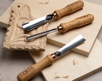 Wood carving tools set of 3, Straight gouge set, Forged steel tools, Gift for carver, Personalized gift for him, Chisels gift for mom
