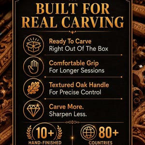 Peut inclure: Un panneau d'information noir avec du texte dor&eacute; indiquant BUILT FOR REAL CARVING. Il liste les caract&eacute;ristiques : Ready To Carve Right Out Of The Box, Comfortable Grip For Longer Sessions, Textured Oak Handle For Precise Control, et Carve More. Sharpen Less.
