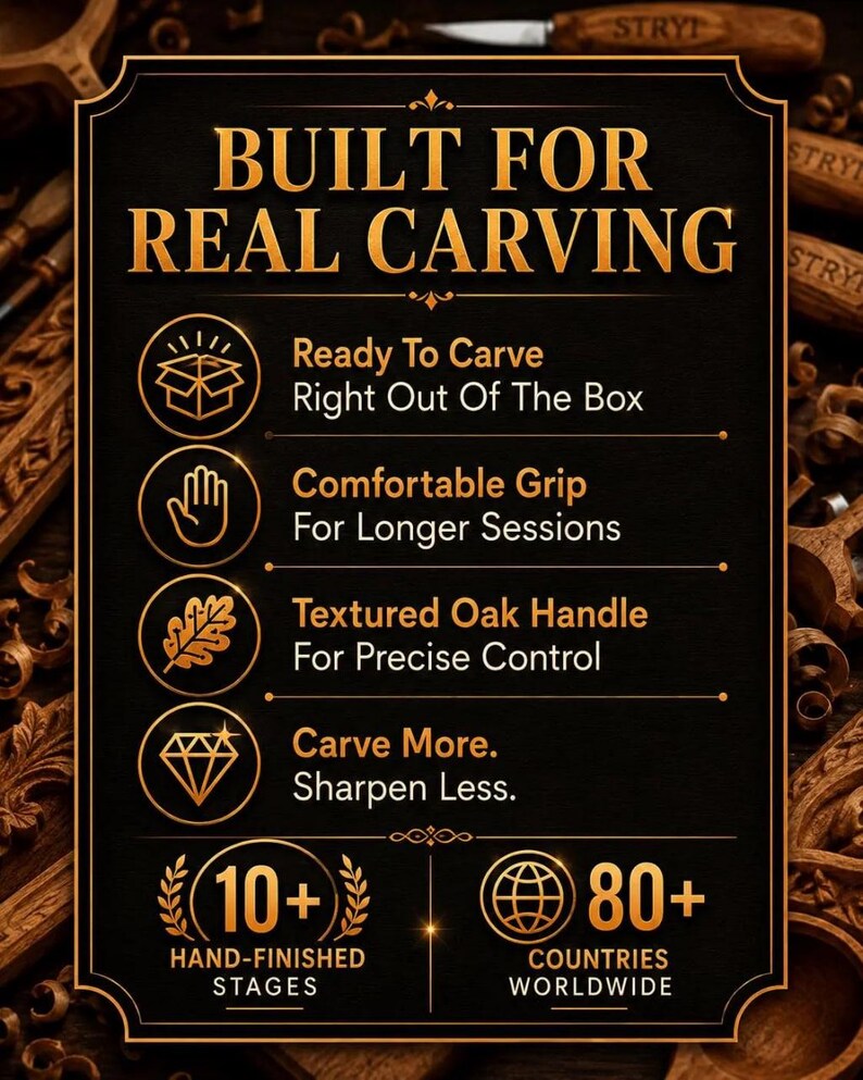 Peut inclure: Un panneau d'information noir avec du texte dor&eacute; indiquant BUILT FOR REAL CARVING. Il liste les caract&eacute;ristiques : Ready To Carve Right Out Of The Box, Comfortable Grip For Longer Sessions, Textured Oak Handle For Precise Control, et Carve More. Sharpen Less.