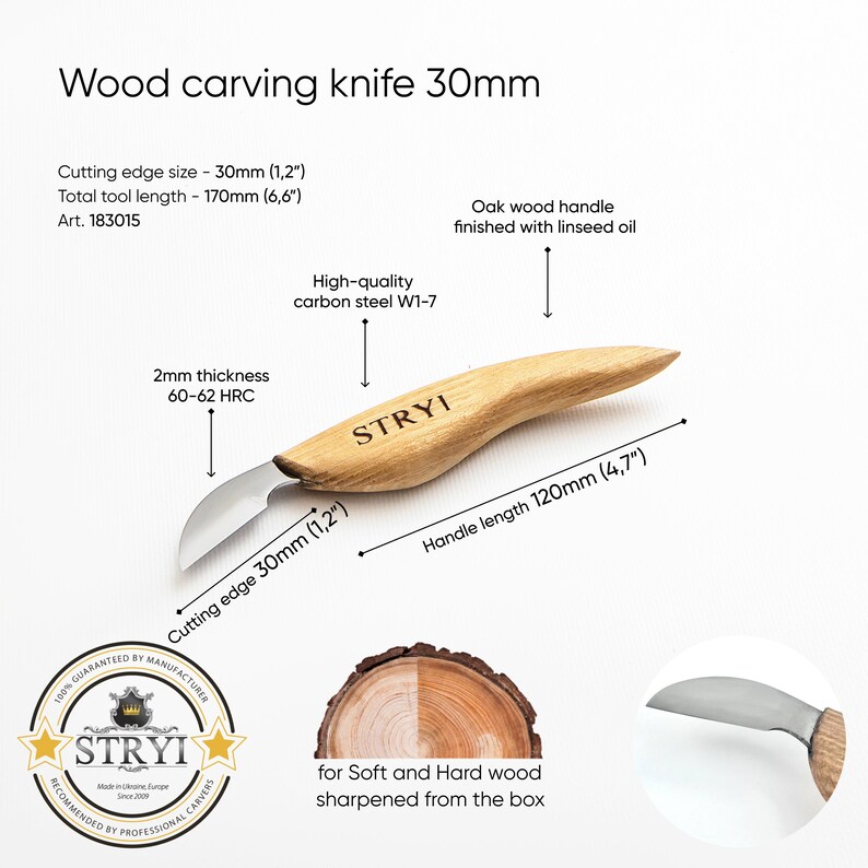 May include: A wood carving knife with a 30mm (1.2") cutting edge and a total tool length of 170mm (6.6"). It features an oak wood handle and high-quality carbon steel. The handle is 120mm (4.7") long. The text on the knife reads "STRYI".