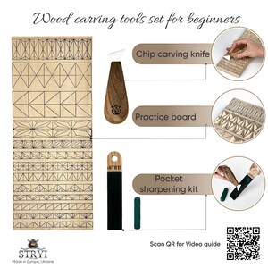 Op de afbeelding: Een houtsnijgereedschapset voor beginners met een gutsmes met houten handvat, een rechthoekig oefenbord met geometrische patronen en een zak-slijpset met een zwarte aanzetsteen en een groen blok polijstpasta voor het onderhoud.