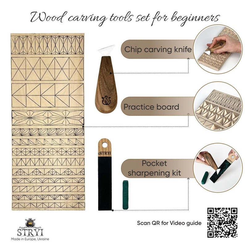 Op de afbeelding: Een houtsnijgereedschapset voor beginners met een gutsmes met houten handvat, een rechthoekig oefenbord met geometrische patronen en een zak-slijpset met een zwarte aanzetsteen en een groen blok polijstpasta voor het onderhoud.
