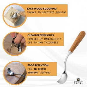 K&ouml;nnte beinhalten: Ein Schnitzmesser mit einer polierten Metallklinge und einem hellbraunen Holzgriff. Das Bild enth&auml;lt den Text: EASY WOOD SCOOPING THANKS TO SPECIFIC BENDING, CLEAN PRECISE CUTS POWERED BY MANEUVERITY DUE TO 3MM THICKNESS und EDGE RETENTION FOR 48 HOURS NONSTOP CARVING.