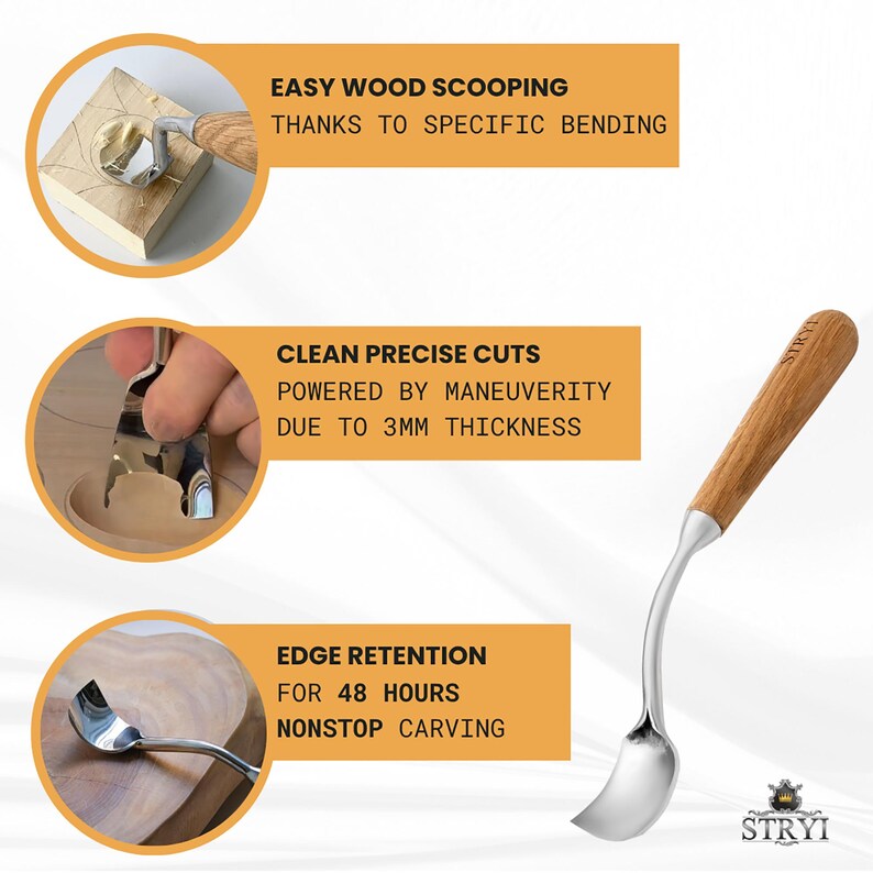 K&ouml;nnte beinhalten: Ein Schnitzmesser mit einer polierten Metallklinge und einem hellbraunen Holzgriff. Das Bild enth&auml;lt den Text: EASY WOOD SCOOPING THANKS TO SPECIFIC BENDING, CLEAN PRECISE CUTS POWERED BY MANEUVERITY DUE TO 3MM THICKNESS und EDGE RETENTION FOR 48 HOURS NONSTOP CARVING.