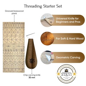 Op de afbeelding: Een Threading Starter Set met een gegroefde lindehouten plank en een 30 mm houtsnijmes met houten handvat. De set bevat de tekstlabels: Universal Knife for Beginners and Pros, For Soft & Hard Wood en Geometric Carving.