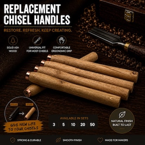 Puede incluir: Un juego de mangos de repuesto cilíndricos para formones hechos de madera de fresno maciza con casquillos de color cobre. El texto dice REPLACEMENT CHISEL HANDLES, RESTORE. REFRESH. KEEP CREATING., SOLID ASH WOOD, UNIVERSAL FIT, COMFORTABLE ERGONOMIC GRIP.