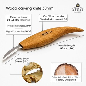 Houtsnijmes, gesmeed houtsnijmes, Whittling-mes 38 mm, houtsnijwerk, spaandersnijmes, gedetailleerd houtbewerkingsgereedschap, cadeau vader afbeelding 2