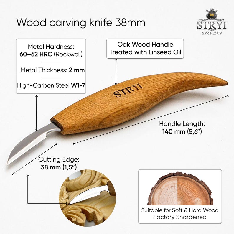 Houtsnijmes, gesmeed houtsnijmes, Whittling-mes 38 mm, houtsnijwerk, spaandersnijmes, gedetailleerd houtbewerkingsgereedschap, cadeau vader afbeelding 2