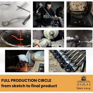 May include: A collage showing the production process of a metal spoon, starting from a pencil sketch, moving through forging, heating, grinding, and polishing, to the final finished spoons. Text reads: FULL PRODUCTION CIRCLE from sketch to final product.