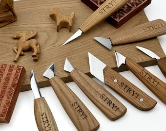 Wood Carving Knife Set, Chip Carving Knives, Hand Forged Carbon Steel Whittling Kit with Oak Handles, STRYI