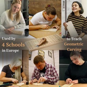 Op de afbeelding: Een rechthoekige houten plank met ingewikkelde geometrische gravures, vergezeld van een snijgereedschap met houten handvat en metalen blad. De tekst "Used by 4 Schools in Europe to Teach Geometric Carving" staat over de afbeelding heen.