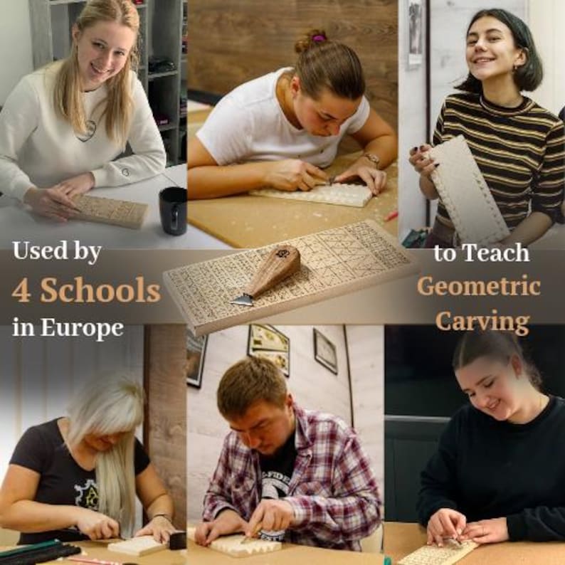 Op de afbeelding: Een rechthoekige houten plank met ingewikkelde geometrische gravures, vergezeld van een snijgereedschap met houten handvat en metalen blad. De tekst "Used by 4 Schools in Europe to Teach Geometric Carving" staat over de afbeelding heen.
