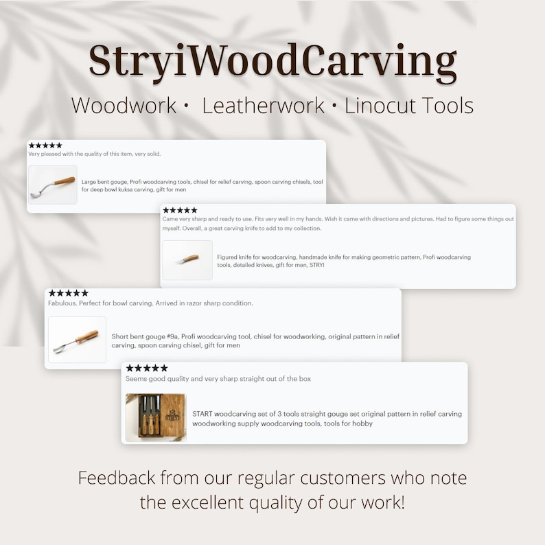 May include: Image features the "StryiWoodCarving" logo with the text "Woodwork, Leatherwork, Linocut Tools." Below are customer reviews of wood carving tools, including gouges and knives. The reviews highlight the quality and sharpness of the tools.
