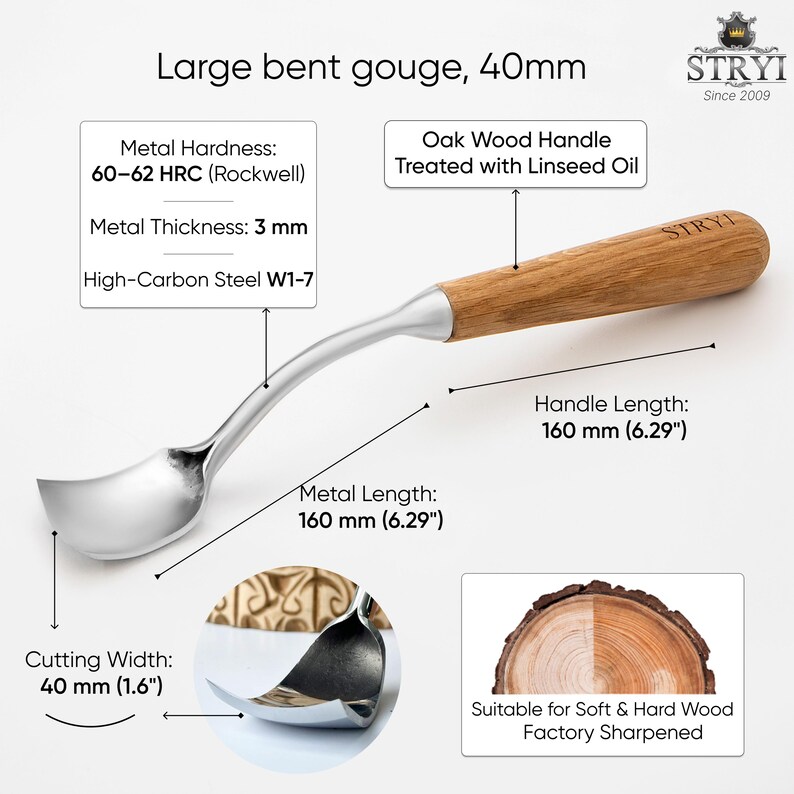 May include: A large bent gouge with a 40mm cutting width, featuring a high-carbon steel W1-7 blade with 60-62 HRC hardness and a 3mm thickness. It has a 160mm oak wood handle treated with linseed oil and a 160mm metal length, factory sharpened.