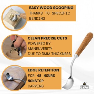 May include: A metal wood carving tool with a curved scoop blade and a wooden handle. The tool features a 3mm thickness for precise cuts. Text on the image includes: EASY WOOD SCOOPING THANKS TO SPECIFIC BENDING, CLEAN PRECISE CUTS POWERED BY MANEUVERITY DUE TO 3MM THICKNESS, and EDGE RETENTION FOR 48 HOURS NONSTOP CARVING.