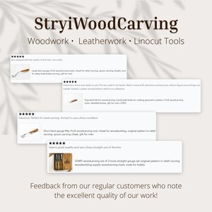 Op de afbeelding: Een digitale afbeelding met de tekst StryiWoodCarving Woodwork Leatherwork Linocut Tools en vier klantbeoordelingen met vijf sterren. Elke beoordeling toont een houtsnijgereedschap, waaronder een gebogen guts, een mes en een set van drie.