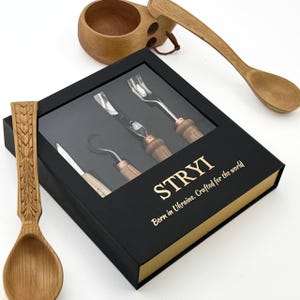 Spoon Carving Kit: 4pc Set for Kuksa, Bowls & Spoons, Ready-to-Gift 5pcs STRYI Profi in deluxe gift box, DIY spoon kit