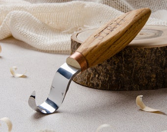 Handcrafted Spoon Carving Hook Knife, Oak Wood Handle