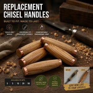 Könnte beinhalten: Ersatzgriffe für Meißel aus massivem Eschenholz mit Kupferzwingen. Der Text lautet REPLACEMENT CHISEL HANDLES, BUILT TO FIT. MADE TO LAST., SOLID ASH WOOD, UNIVERSAL FIT FOR MOST CHISELS, COMFORTABLE ERGONOMIC GRIP, AVAILABLE IN SETS 3 5 10 20 50, NATURAL FINISH BUILT TO LAST, STRONG. RELIABLE. TIMELESS., BEFORE, AFTER, GIVE NEW LIFE TO YOUR CHISELS.