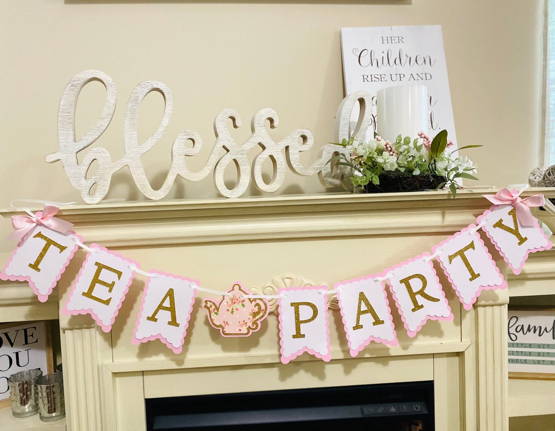 Elegant Tea Party Backdrop Let's Par-Tea Wonderland Pastel Floral Decorations Banner Butterflies Pink Floral Teapot Tea Time Theme Birthday Baby Shower Pho