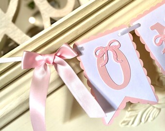 Pink & White Bow 1st Birthday Banner: High Chair Decor , Bow First Party Decorations