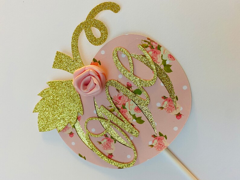 Pumpkin Theme Birthday Pumpkin Birthday Our Little Pumpkin Cake Topper Glitter Cake Topper Pink and Gold Cake Topper