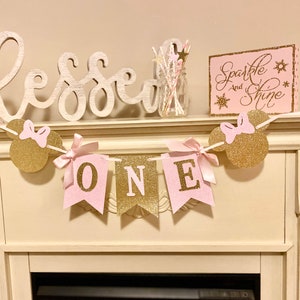 Minnie Mouse Birthday Decorations, Minnie High Chair Banner,Minnie Mouse 1st Birthday ,Pink and Gold Minnie Banner,Girl 1st Birthday Theme