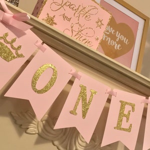 Pink and Gold 1st Birthday Decorations, Princess Birthday Banner, High Chair Banner, Girl First Birthday, Crown Birthday Decorations image 5