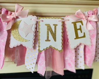 Pink and Gold First Birthday Banner. Twinkle twinkle little star  birthday banner. Pink and gold birthday party decor