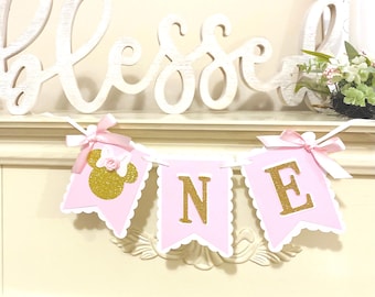 Banner de trona de Minnie Mouse: decoración rosa y dorada para el primer cumpleaños