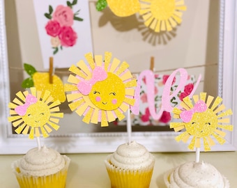 Sunshine Cake Topper: Yellow & Pink  First Birthday Party Decor , Sun Decorations