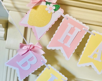 Pink Lemonade Banner:  Lemon Party Decorations, Girls 1st Birthday