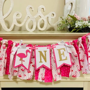 Flamingo High chair Banner ,Flamingo 1st Birthday,  One Bow Banner, Summer Birthday Decorations, Flamingo Party Decor, Girl 1st Birthday