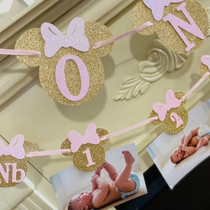 May include: A pink and gold glitter banner with a Minnie Mouse theme. The banner has the letters "Nb", "1", "2", "3", and "One" on it. The banner is decorated with pink bows.