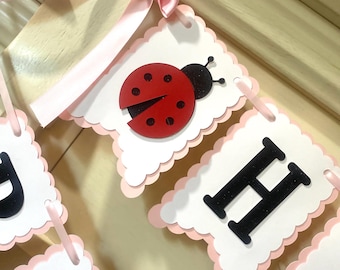 May include: A pink and white banner with scalloped edges and a red ladybug graphic. The banner has black letters spelling out a word. A pink ribbon is tied at the top.