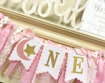 Pink Gold Twinkle Little Star Birthday Banner, First Birthday ONE High Chair Garland