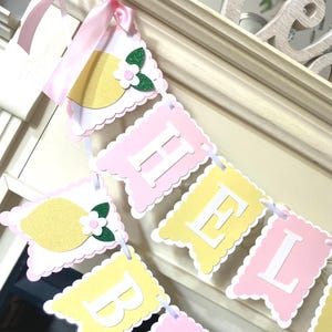 May include: A decorative banner with alternating pink and yellow pennants spelling "HELLO BABY". Each pennant has a scalloped edge and is strung together with white ribbon. Lemon and flower cutouts adorn the banner ends, tied with a pink ribbon.