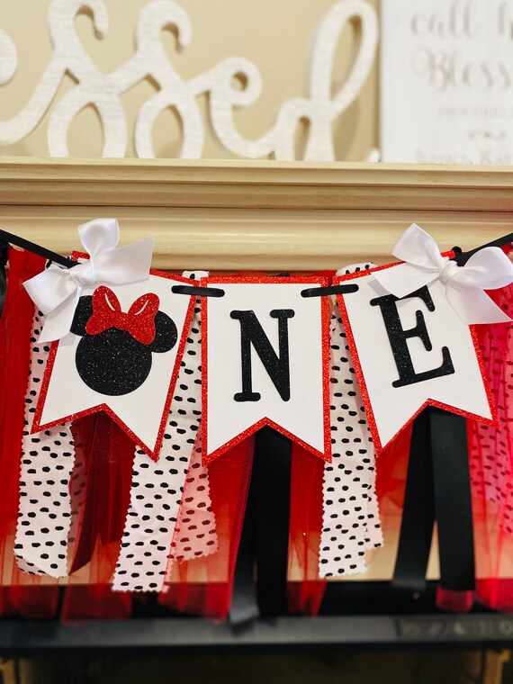 Minnie Mouse Highchair Banner - 1st Birthday Party Decorations With Red Yellow Black Colors