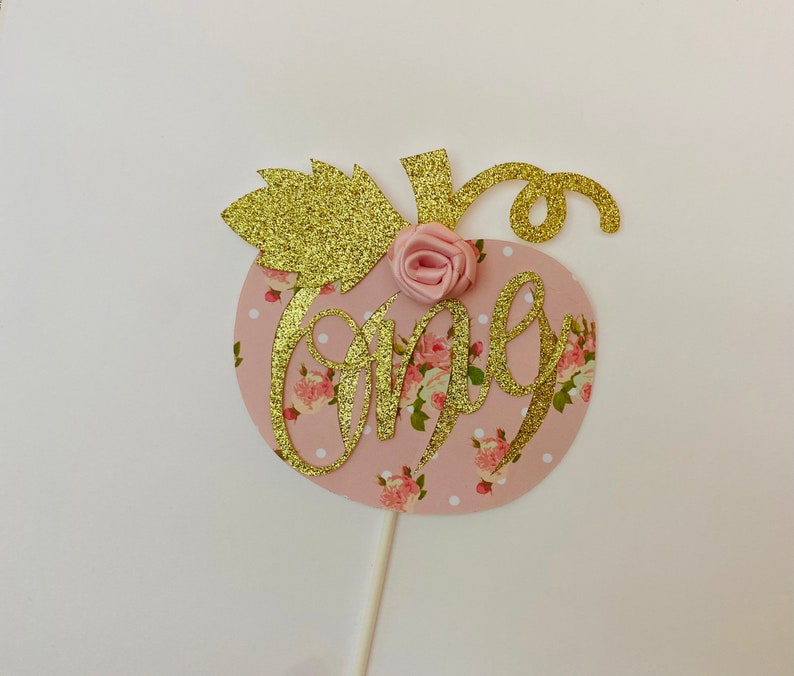 Pumpkin Theme Birthday Pumpkin Birthday Our Little Pumpkin Cake Topper Glitter Cake Topper Pink and Gold Cake Topper