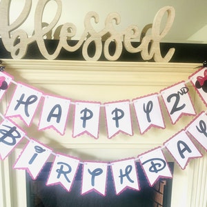 May include: A pink and white banner with black lettering that reads "Happy 2nd Birthday". The banner is decorated with two black and pink Minnie Mouse heads.