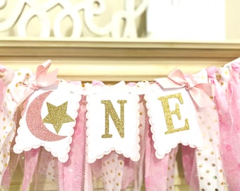 Twinkle Star High Chair Banner, Pink and Gold 1st Birthday