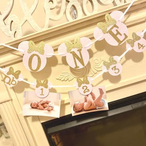 Minnie Mouse First Birthday Banner: Pink & Gold Photo Banner image 1