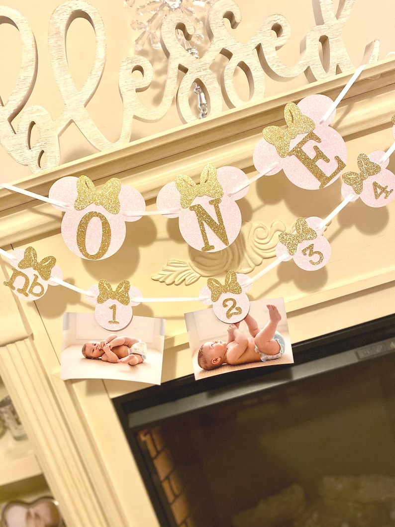 Minnie Mouse First Birthday Banner: Pink & Gold Photo Banner image 1