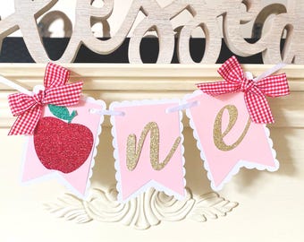 Apple High Chair Banner: Girl First Birthday Decor
