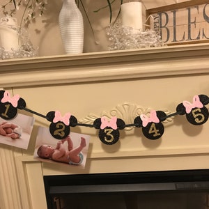 May include: A black and pink Minnie Mouse-themed monthly photo banner. Each circle features a number from 1 to 6 in gold glitter, with a pink bow. Photos of a baby are attached to the banner.