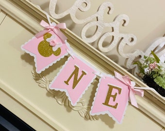Banner de trona de Minnie Mouse: decoración rosa y dorada para el primer cumpleaños