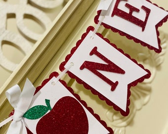 Apple First Birthday High Chair Banner: Red Glitter Apple of my Eye