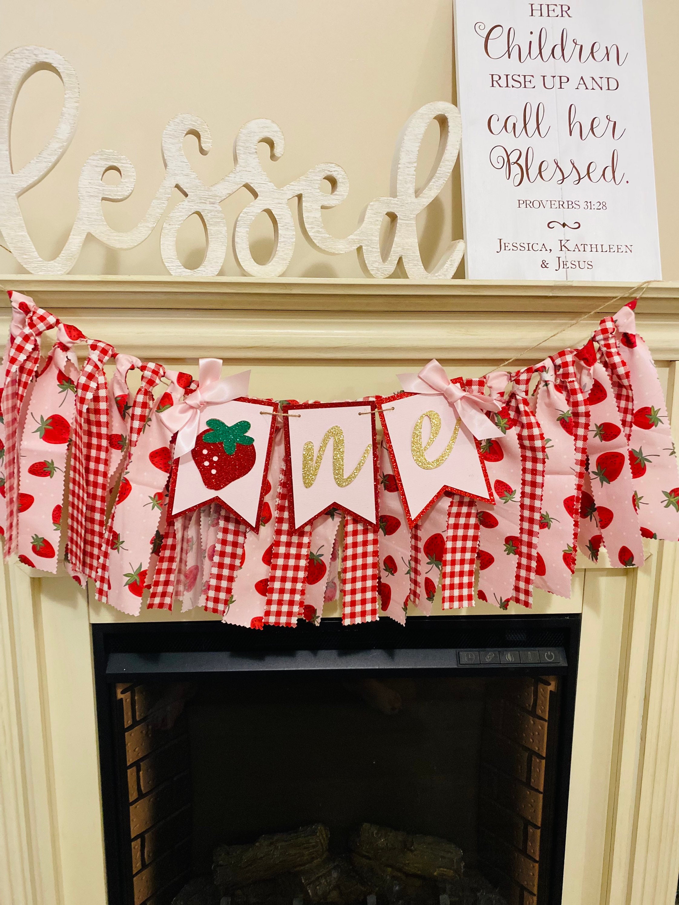 Strawberry 'ONE' High Chair Banner - 1st Birthday Party Decor For Girls