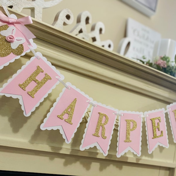 Minnie Mouse First Birthday Decorations , Minnie Mouse Birthday Party Theme , Pink and Gold Birthday, Minnie Name Banner, Girl 1st Birthday
